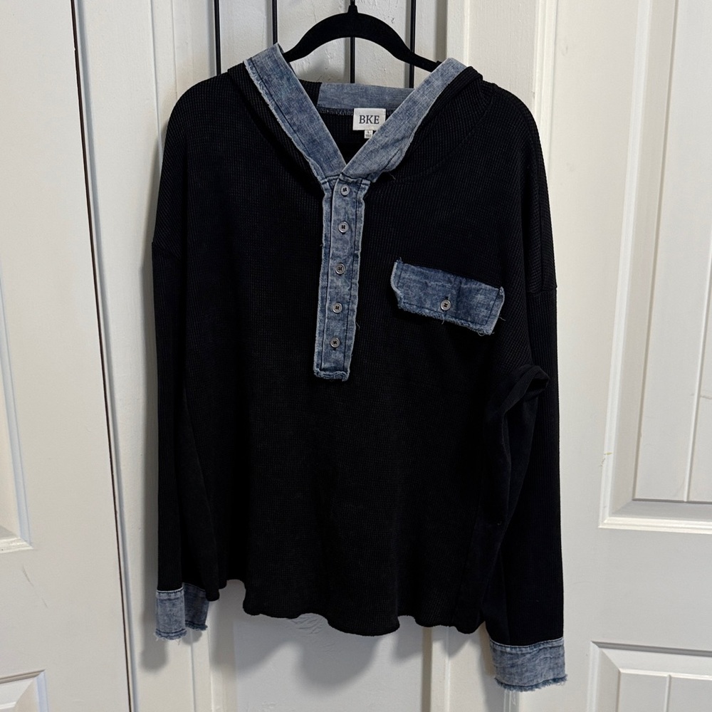 BKE Black Hoodie with Denim Details